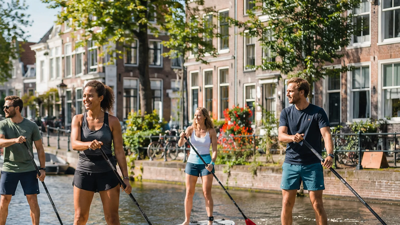 Groep suppers op het water in het centrum van Leiden